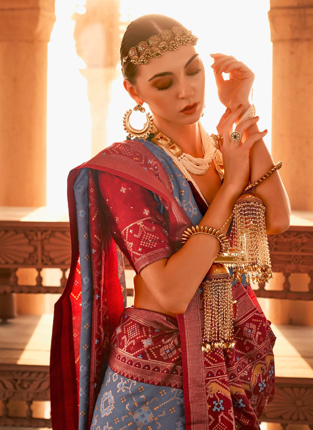 Traditional Saree Silk Grey Rust Patola Print Saree