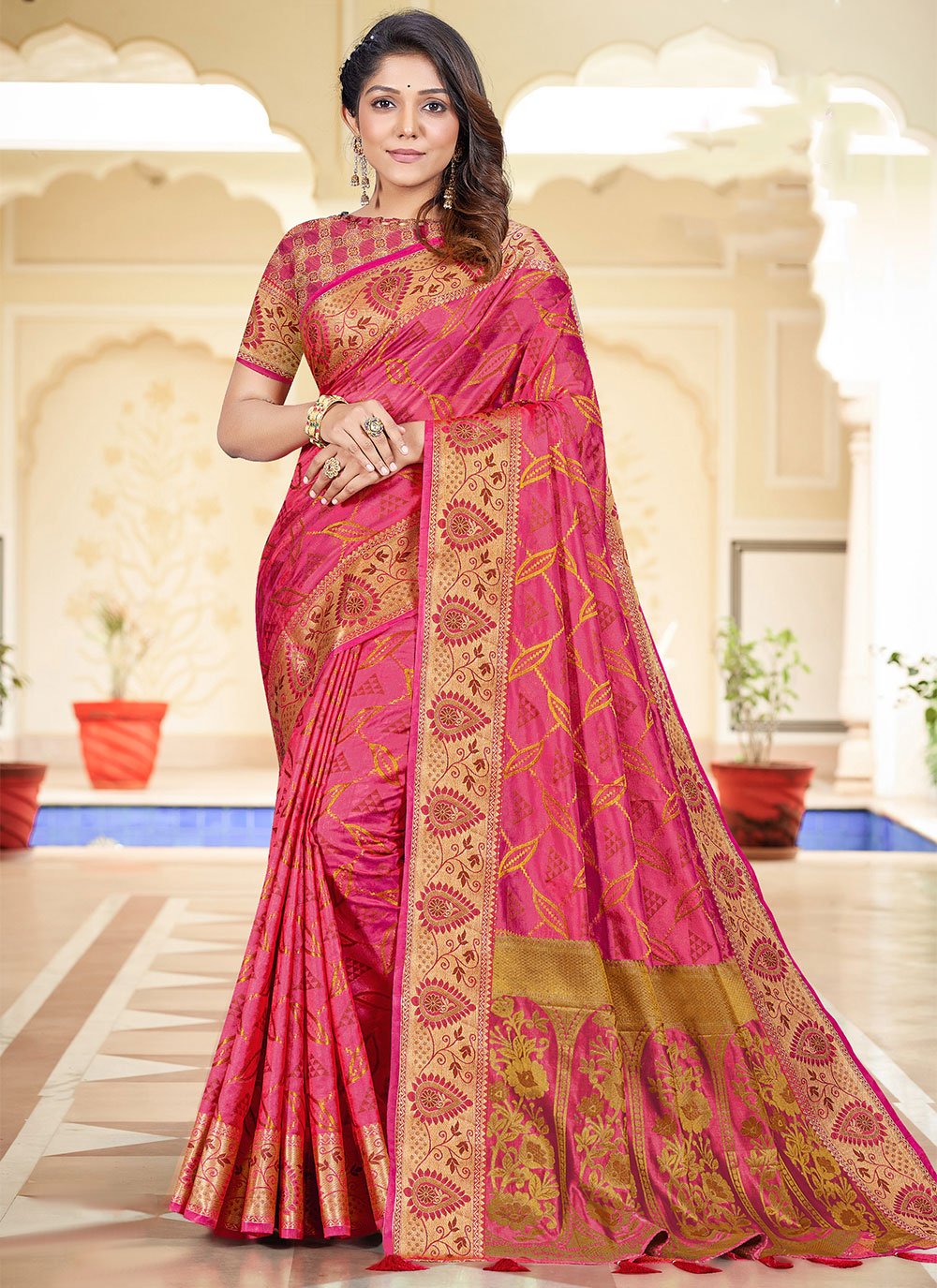 Contemporary Silk Pink Patch Border Saree