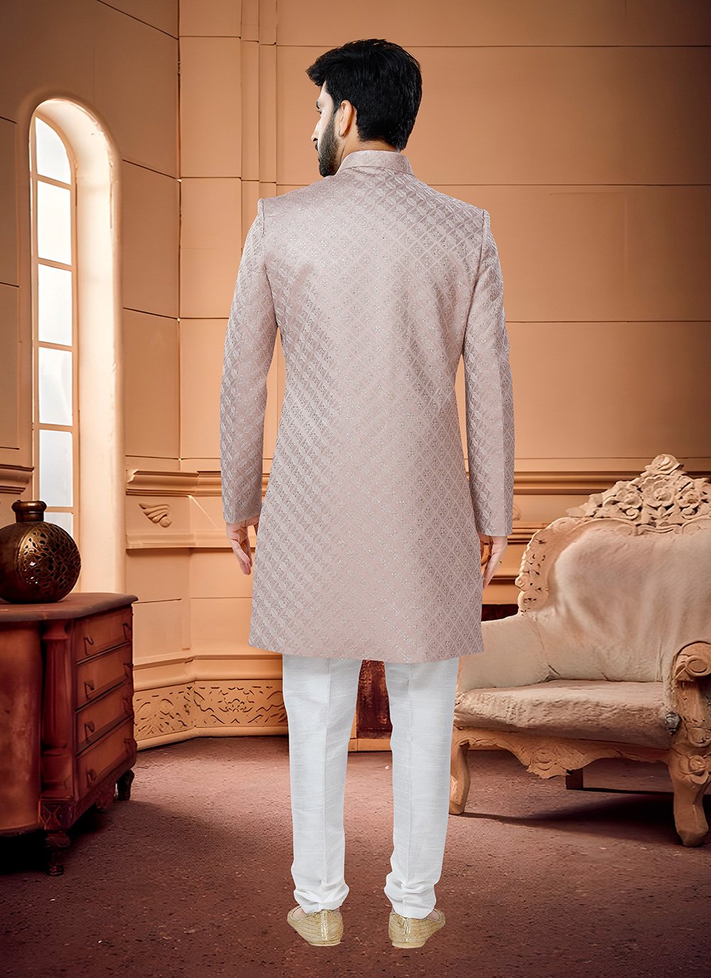 Indo Western Sherwani Silk Pink Embroidered Mens