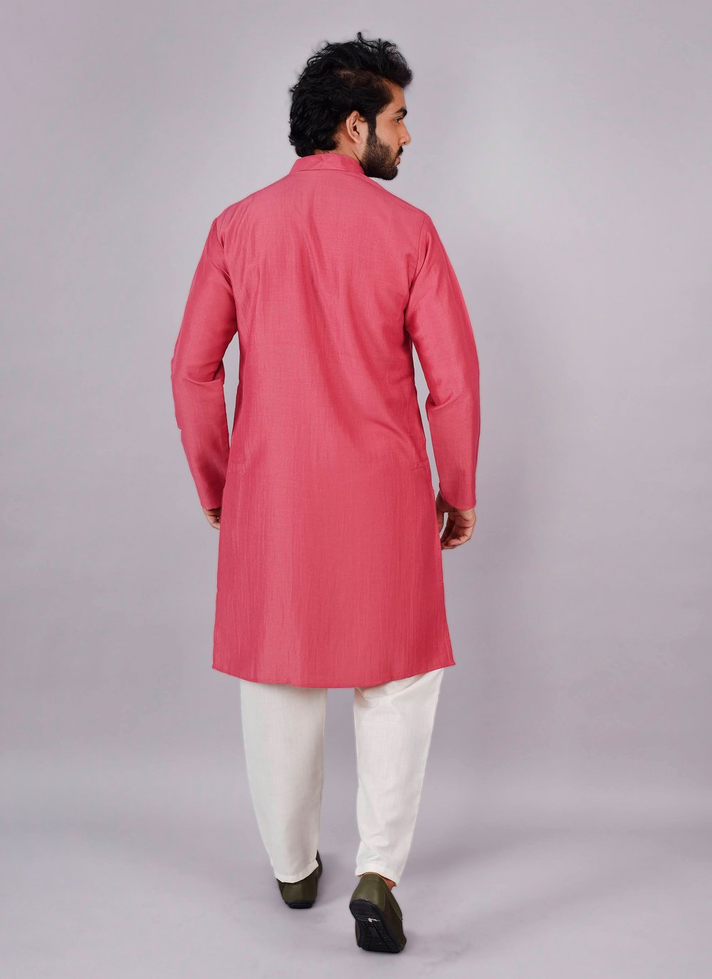 Kurta Pyjama Chinon Silk Pink Plain Mens