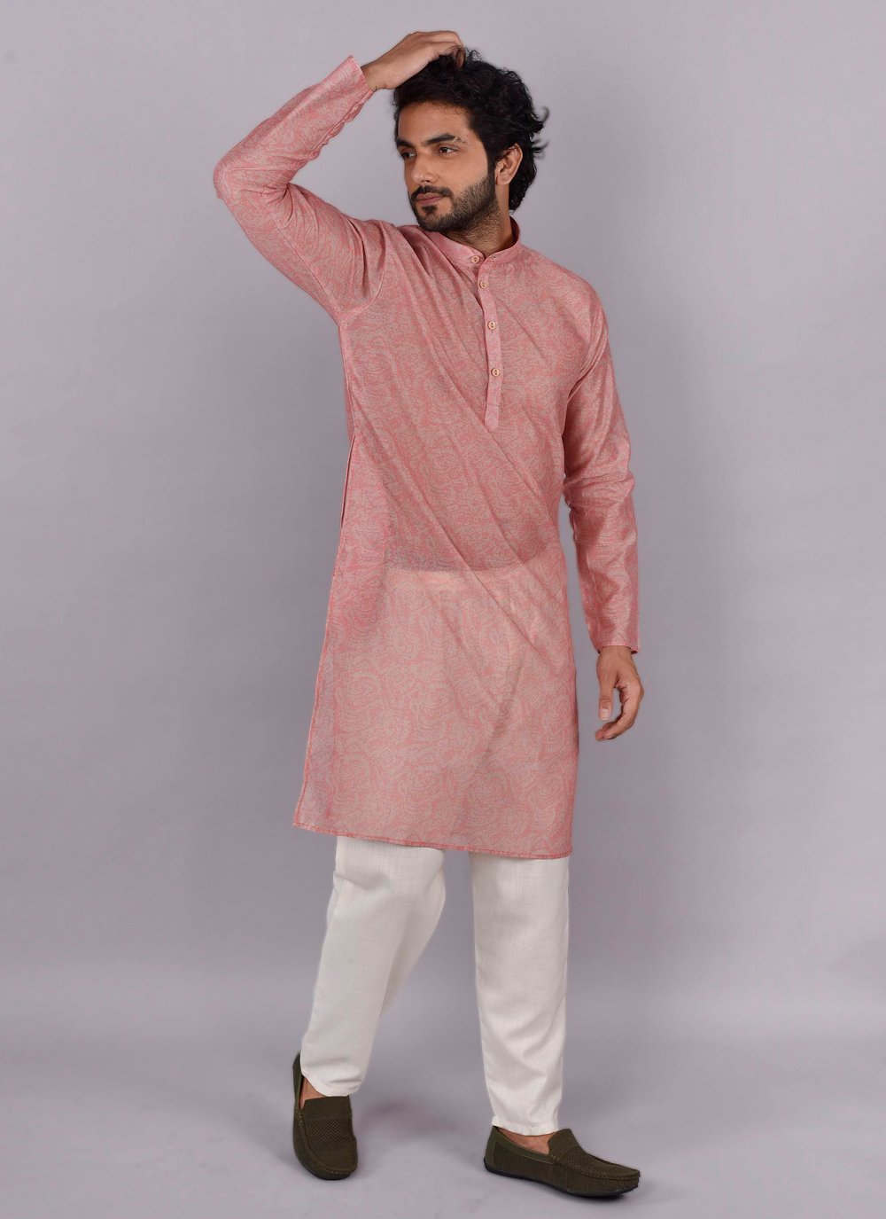 Kurta Pyjama Silk Pink Print Mens