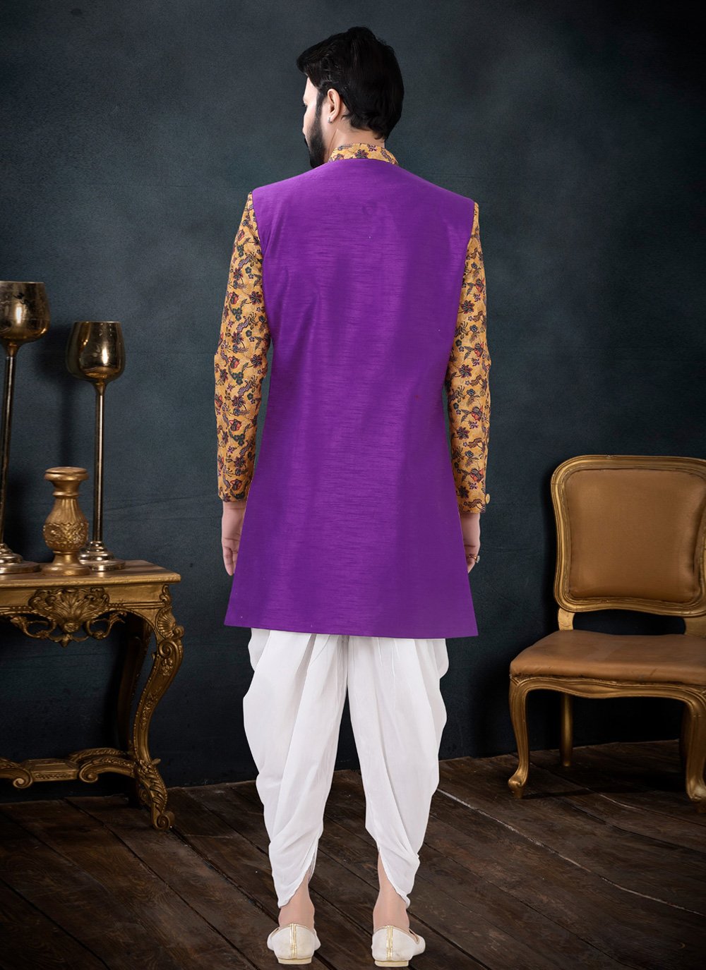 Indo Western Sherwani Silk Purple Yellow Thread Mens