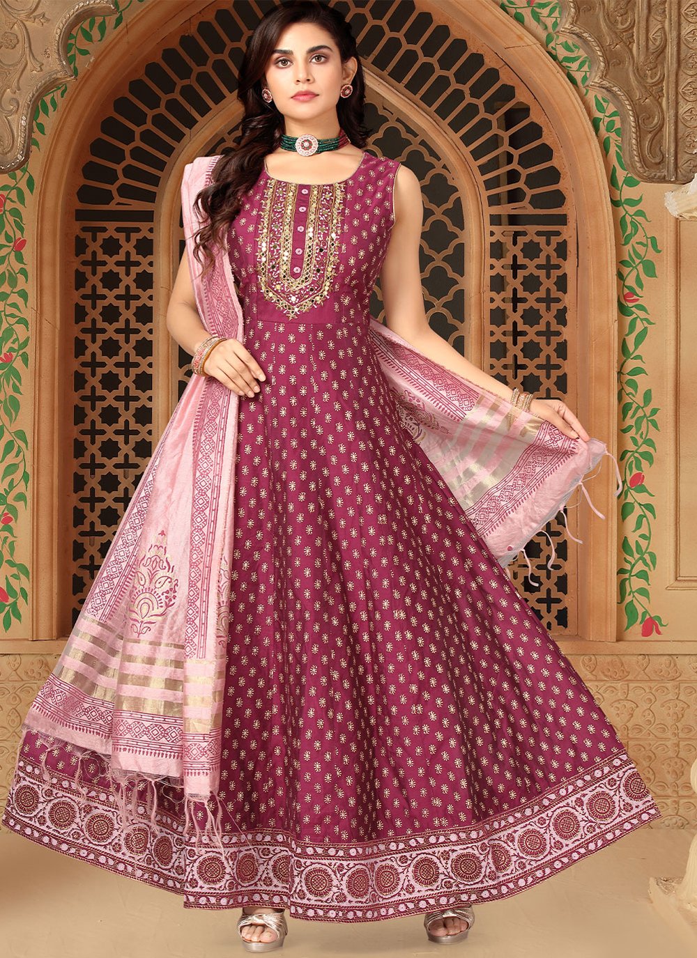 Anarkali Suit Silk Purple Embroidered Salwar Kameez