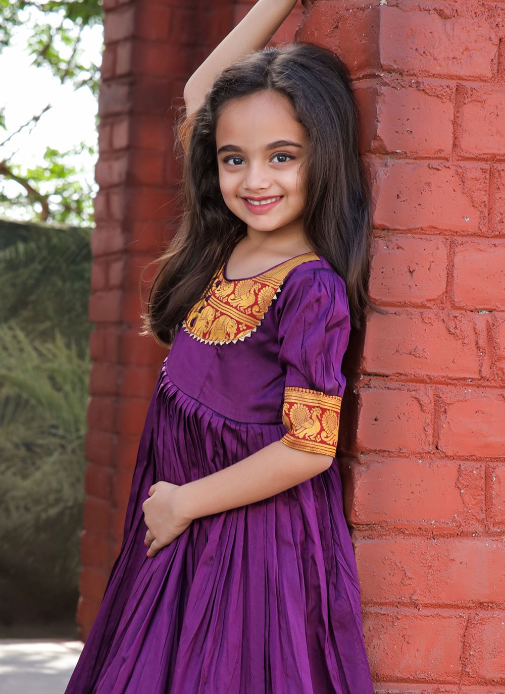 Gown Silk Purple Jacquard Work Kids