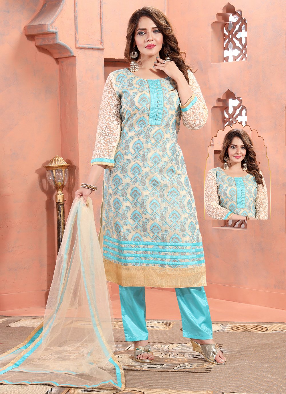 Salwar Suit Brocade Silk Aqua Blue Buttons Salwar Kameez