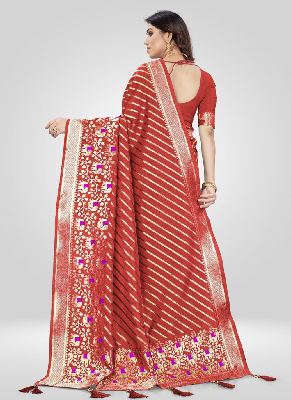 Designer Silk Red Jacquard Work Saree