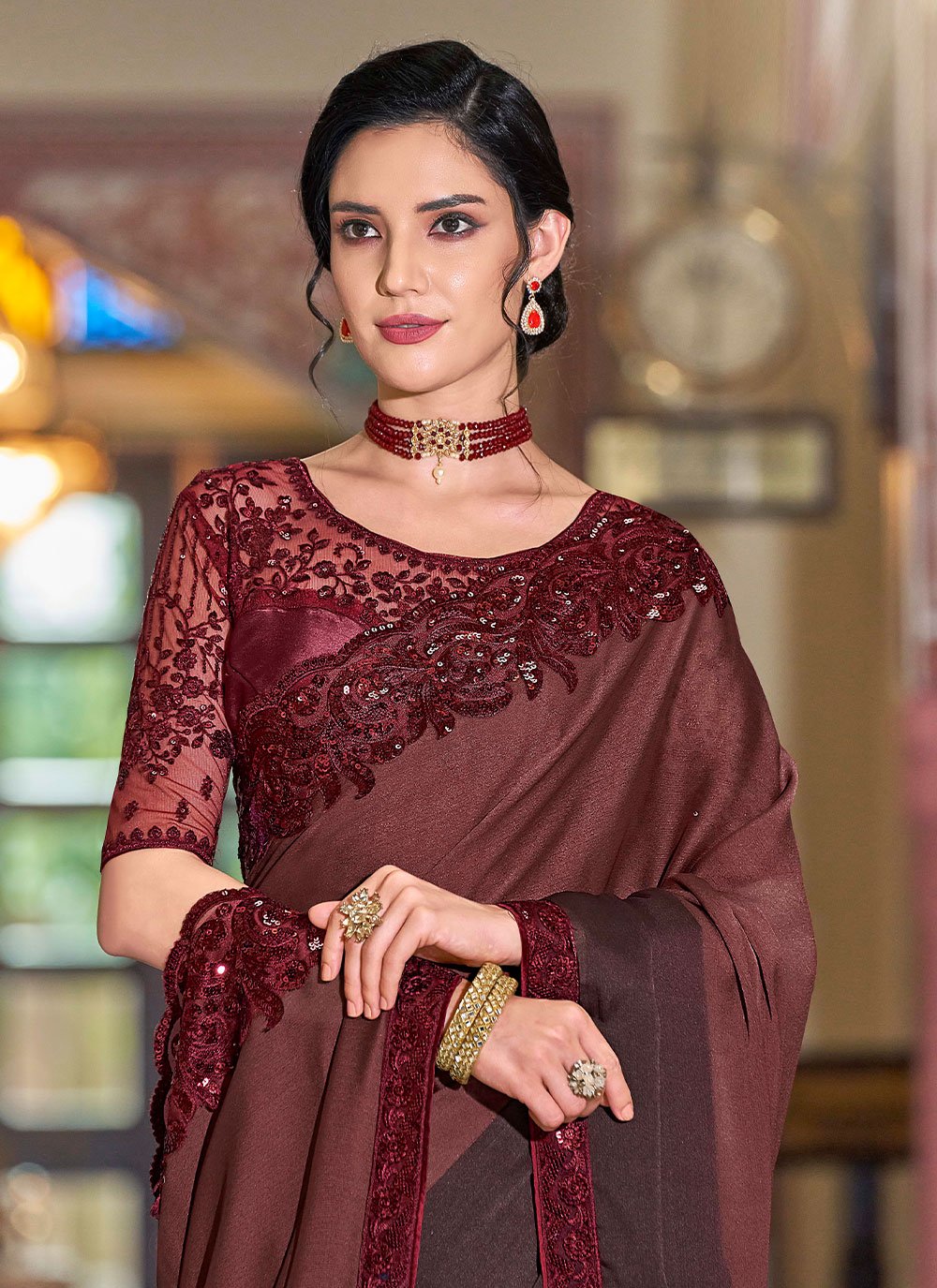 Contemporary Silk Maroon Embroidered Saree