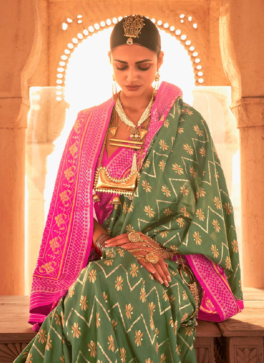 Classic Silk Green Pink Patola Print Saree