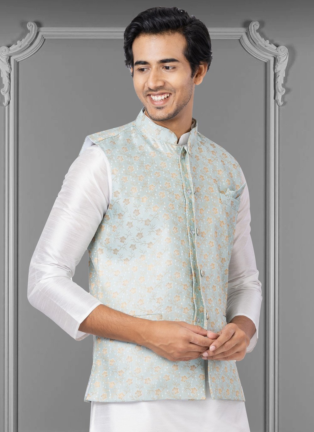 Nehru Jackets Linen Silk Sea Green Embroidered Mens