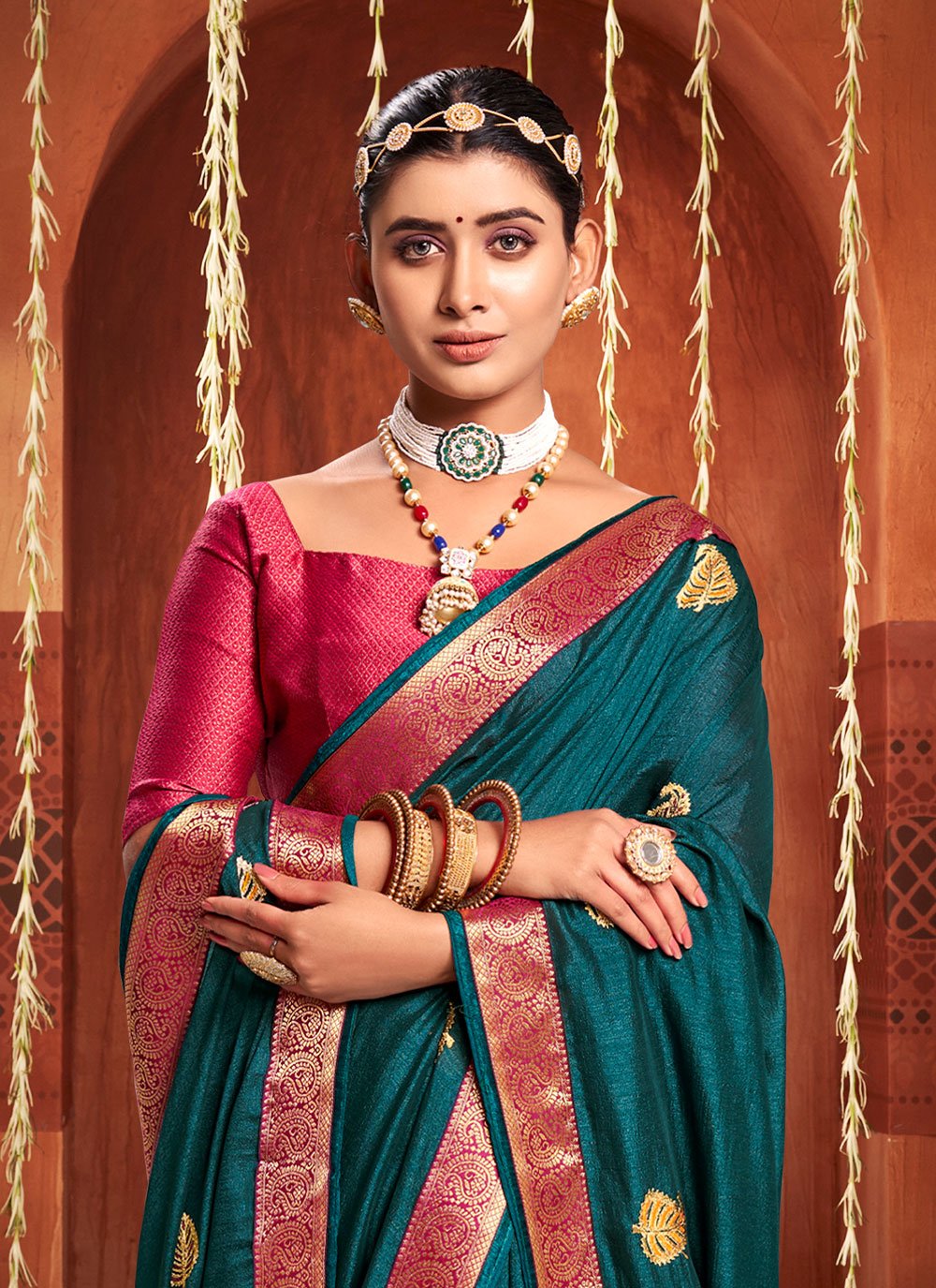 Contemporary Silk Teal Weaving Saree