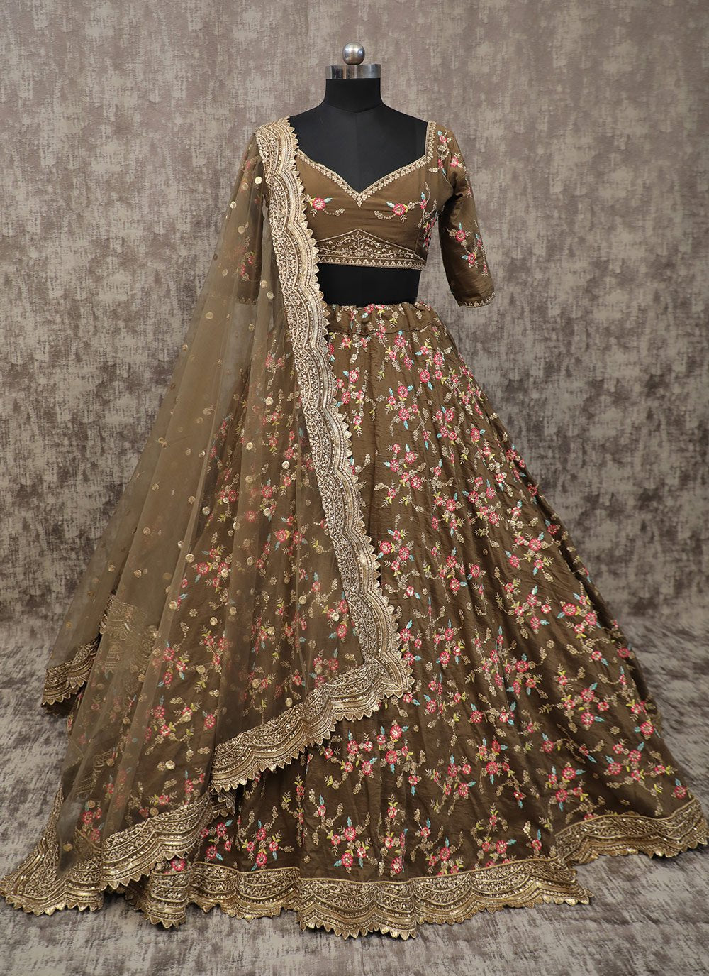 A Line Lehenga Silk Brown Embroidered Lehenga Choli