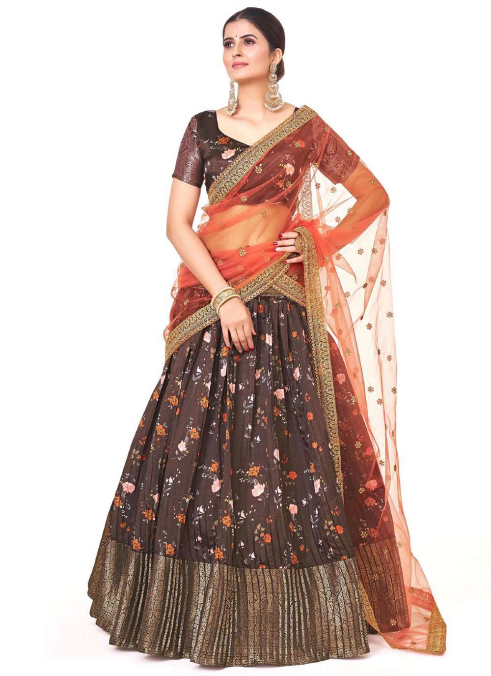 Lehenga Choli Silk Brown Digital Print Lehenga Choli