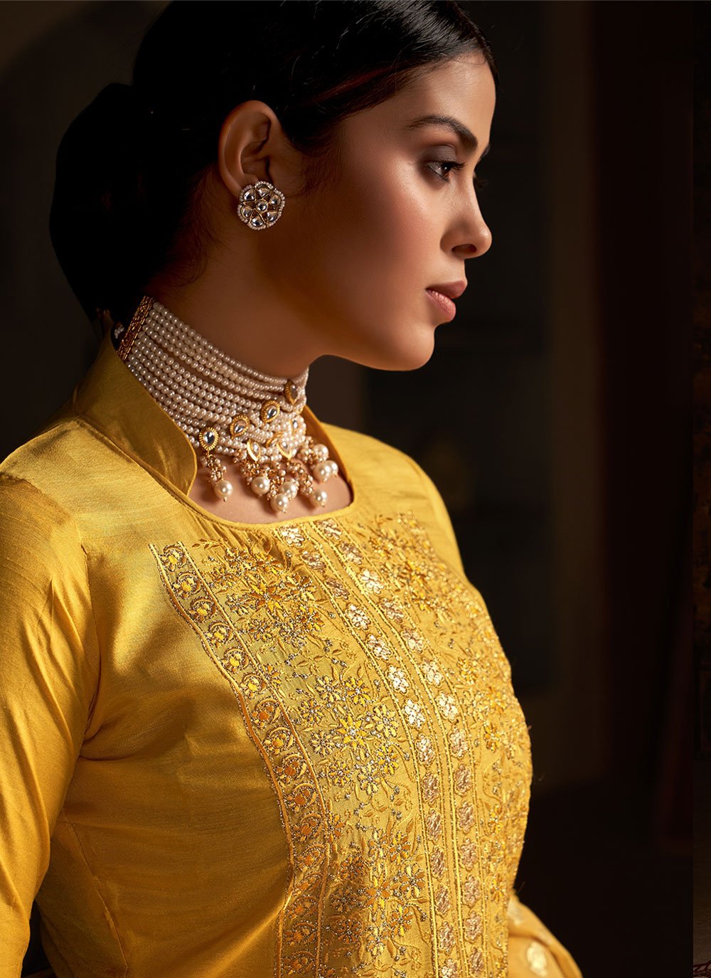 Salwar Suit Silk Yellow Embroidered Salwar Kameez