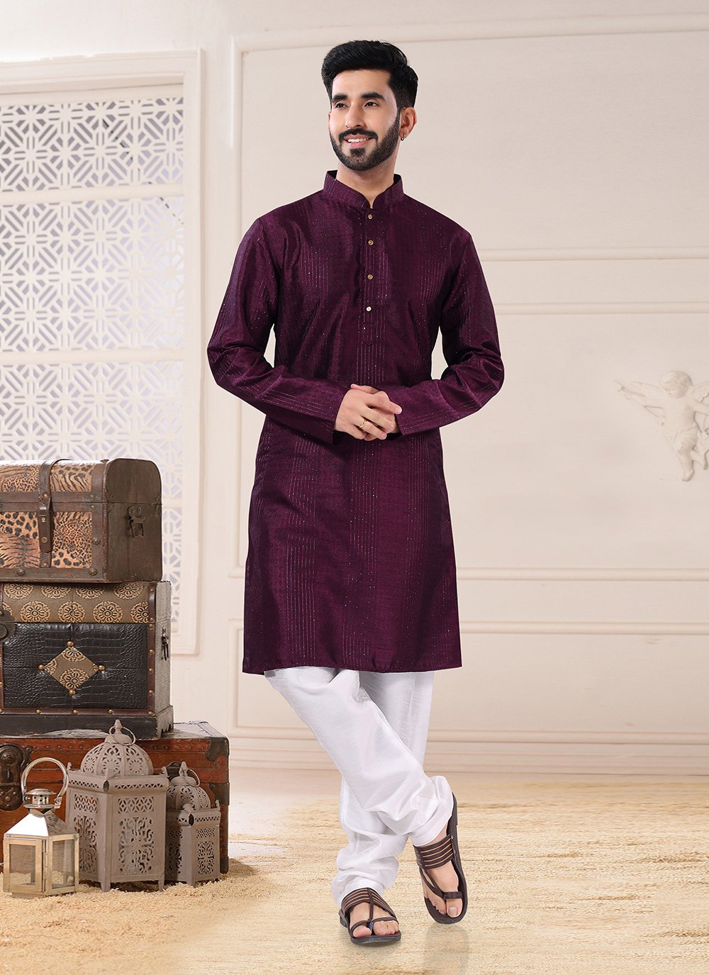 Kurta Pyjama Silk Wine Sequins Mens