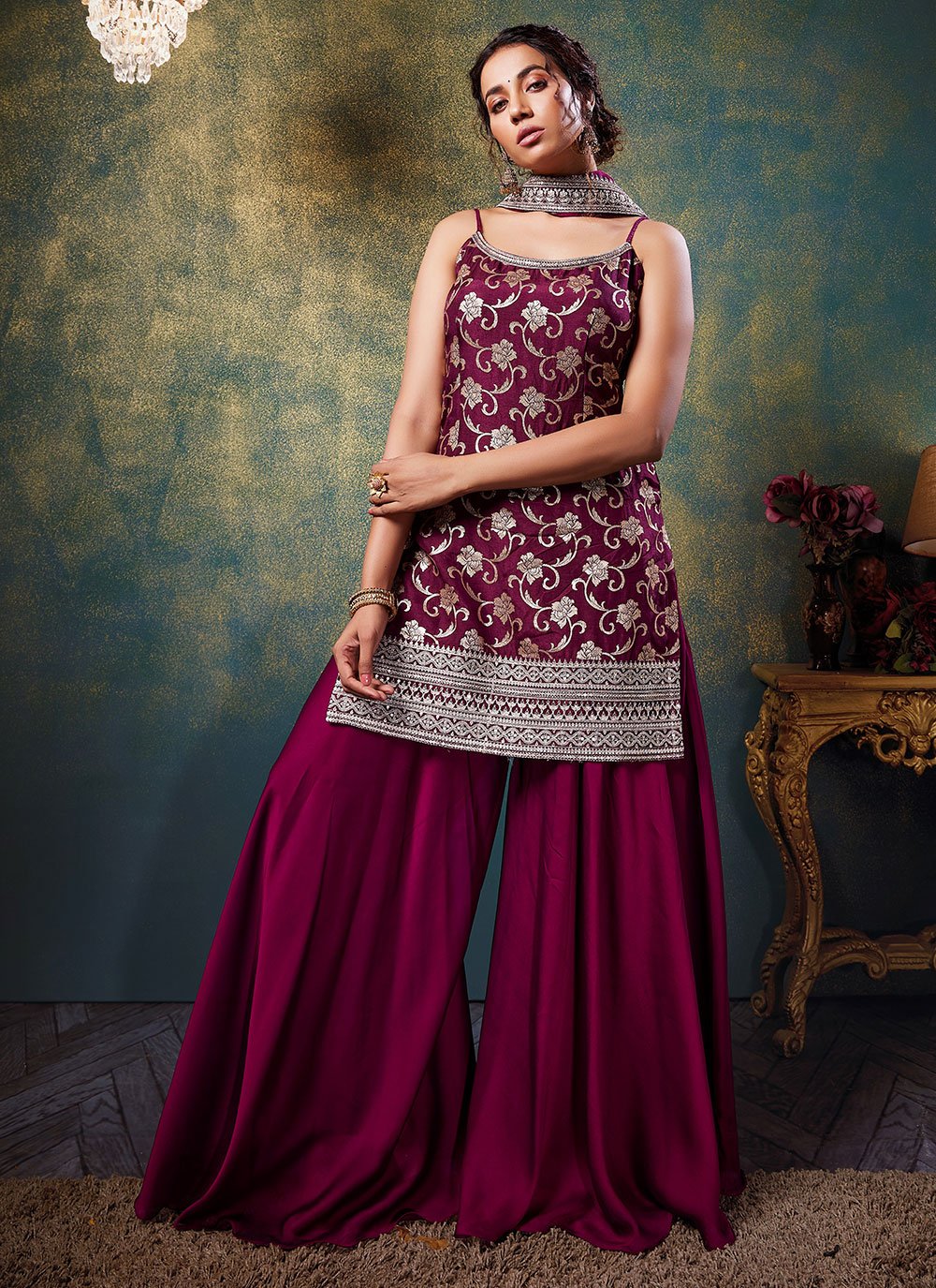 Palazzo Salwar Suit Silk Wine Embroidered Salwar Kameez