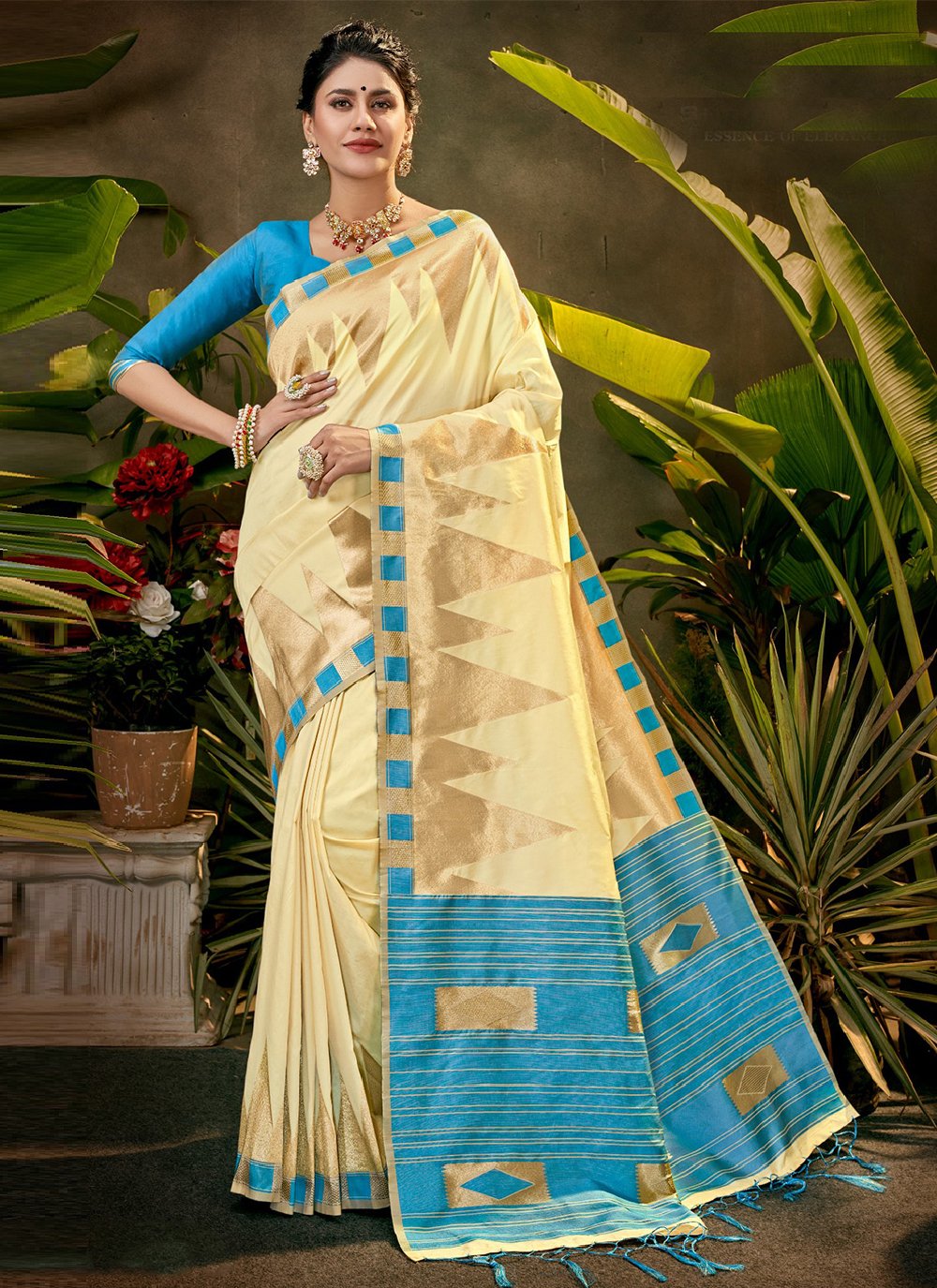 Contemporary Silk Aqua Blue Cream Woven Saree