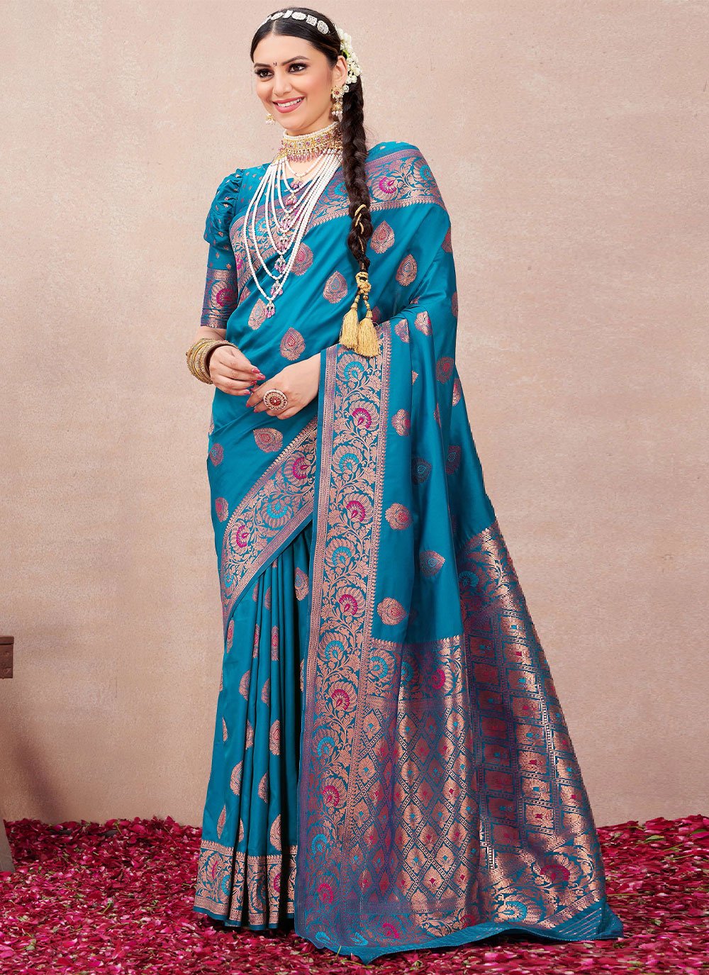 Classic Silk Morpeach Woven Saree