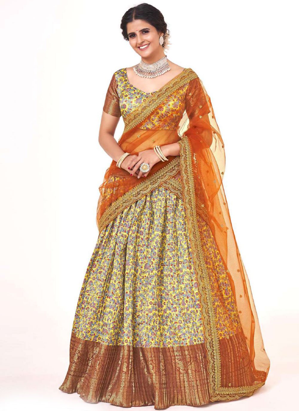 A Line Lehenga Silk Yellow Digital Print Lehenga Choli