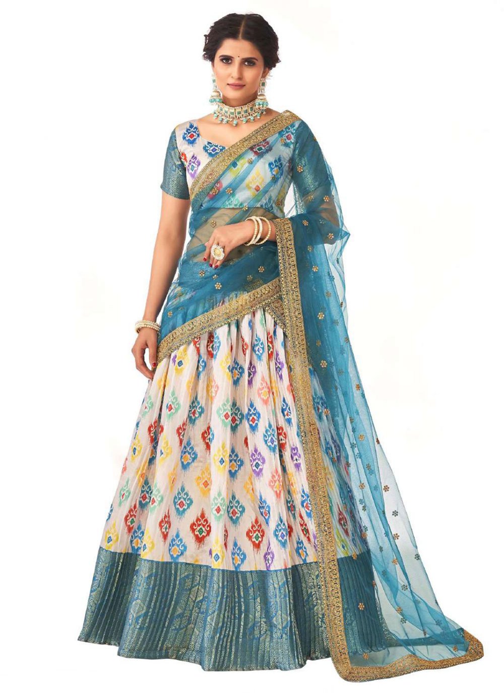 Lehenga Choli Silk Blue Off White Digital Print Lehenga Choli