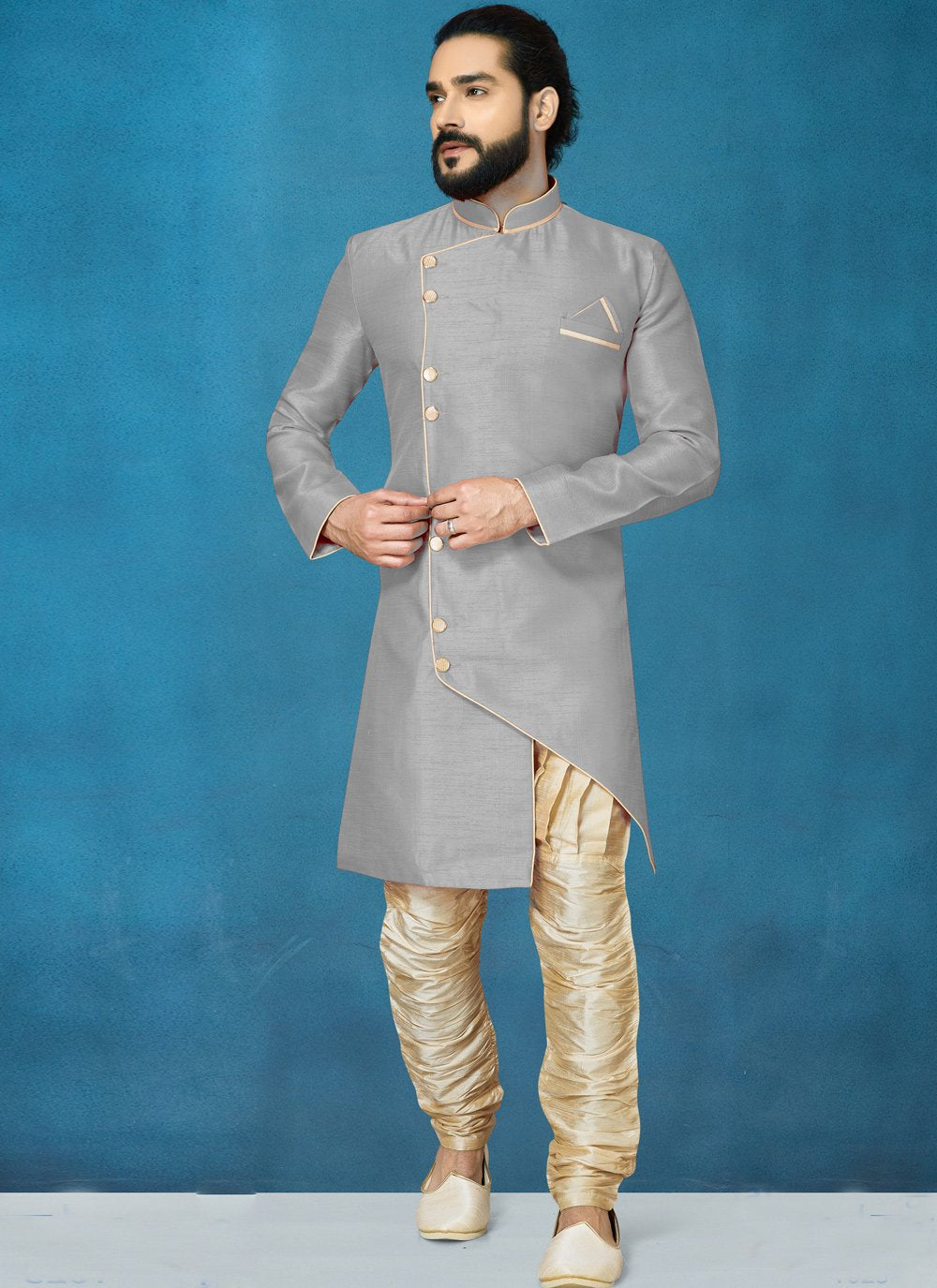 Indo Western Art Dupion Silk Silver Buttons Mens