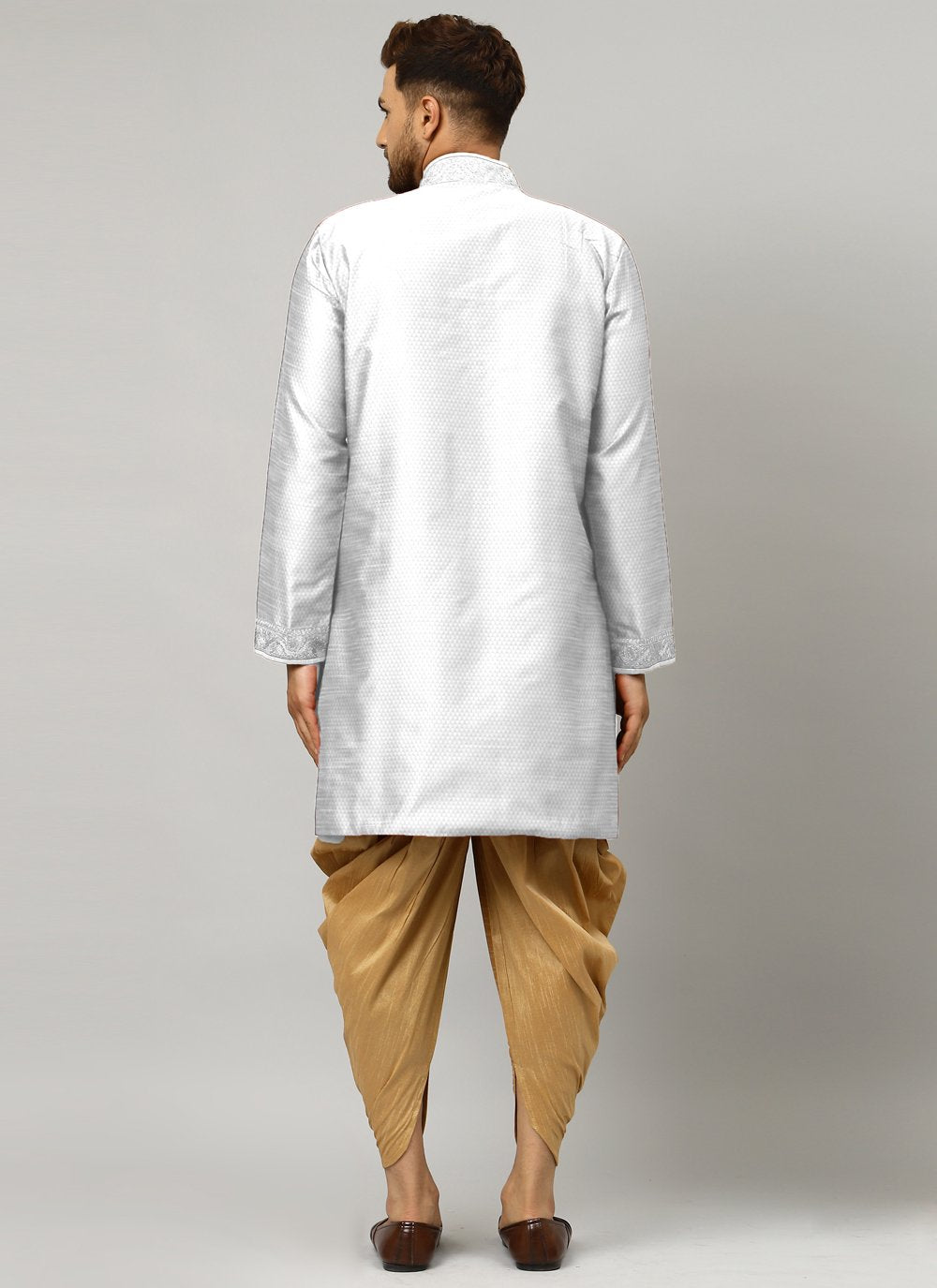 Angrakha Art Dupion Silk Silver Embroidered Mens