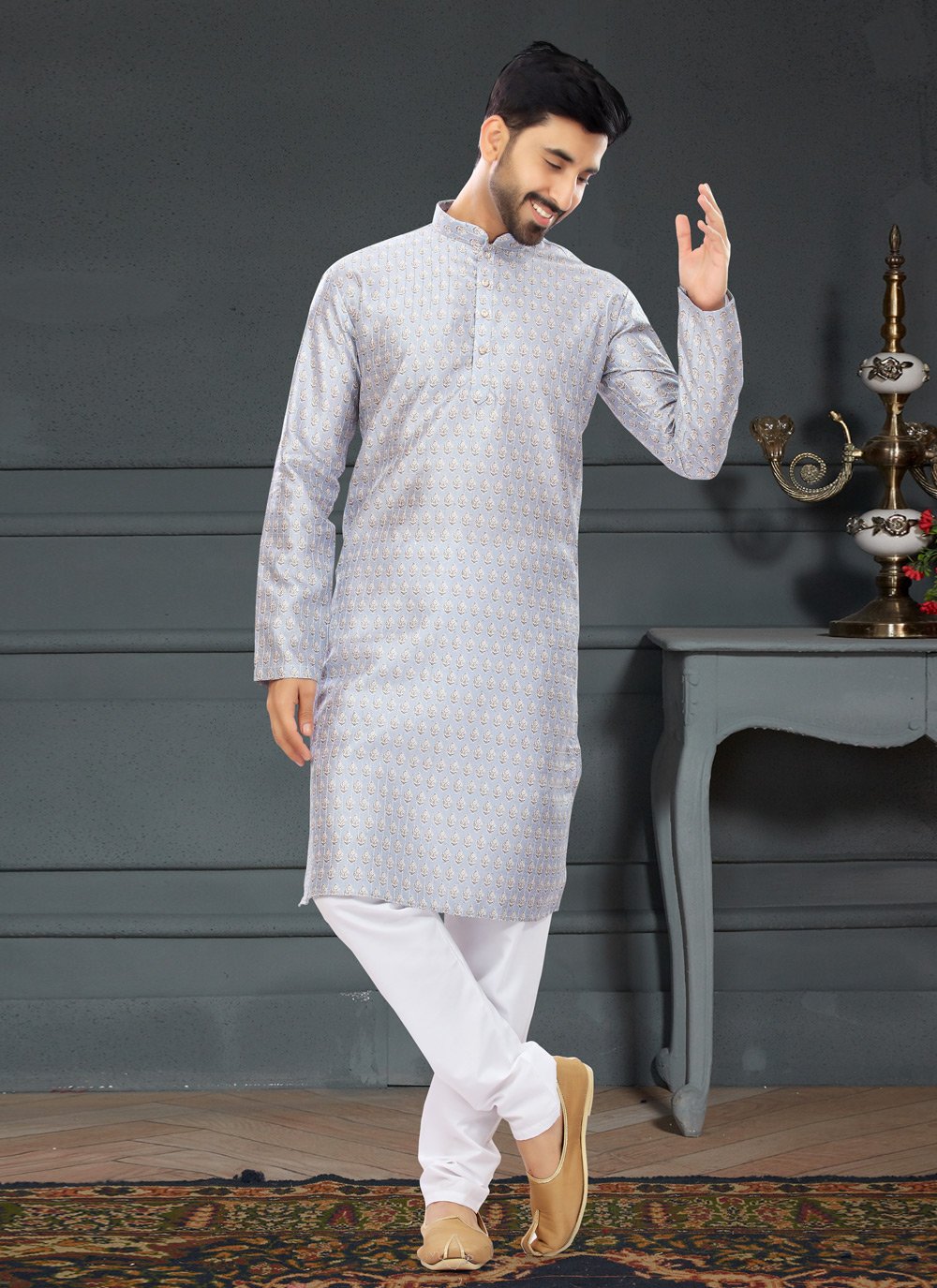 Kurta Pyjama Silk Silver Digital Print Mens