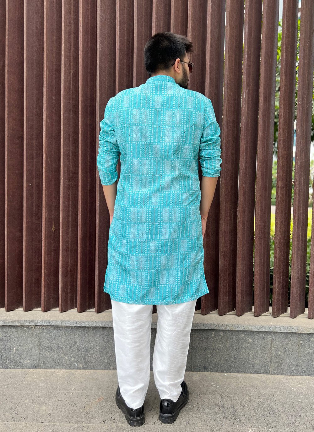 Kurta Pyjama Soft Cotton Blue Embroidered Mens