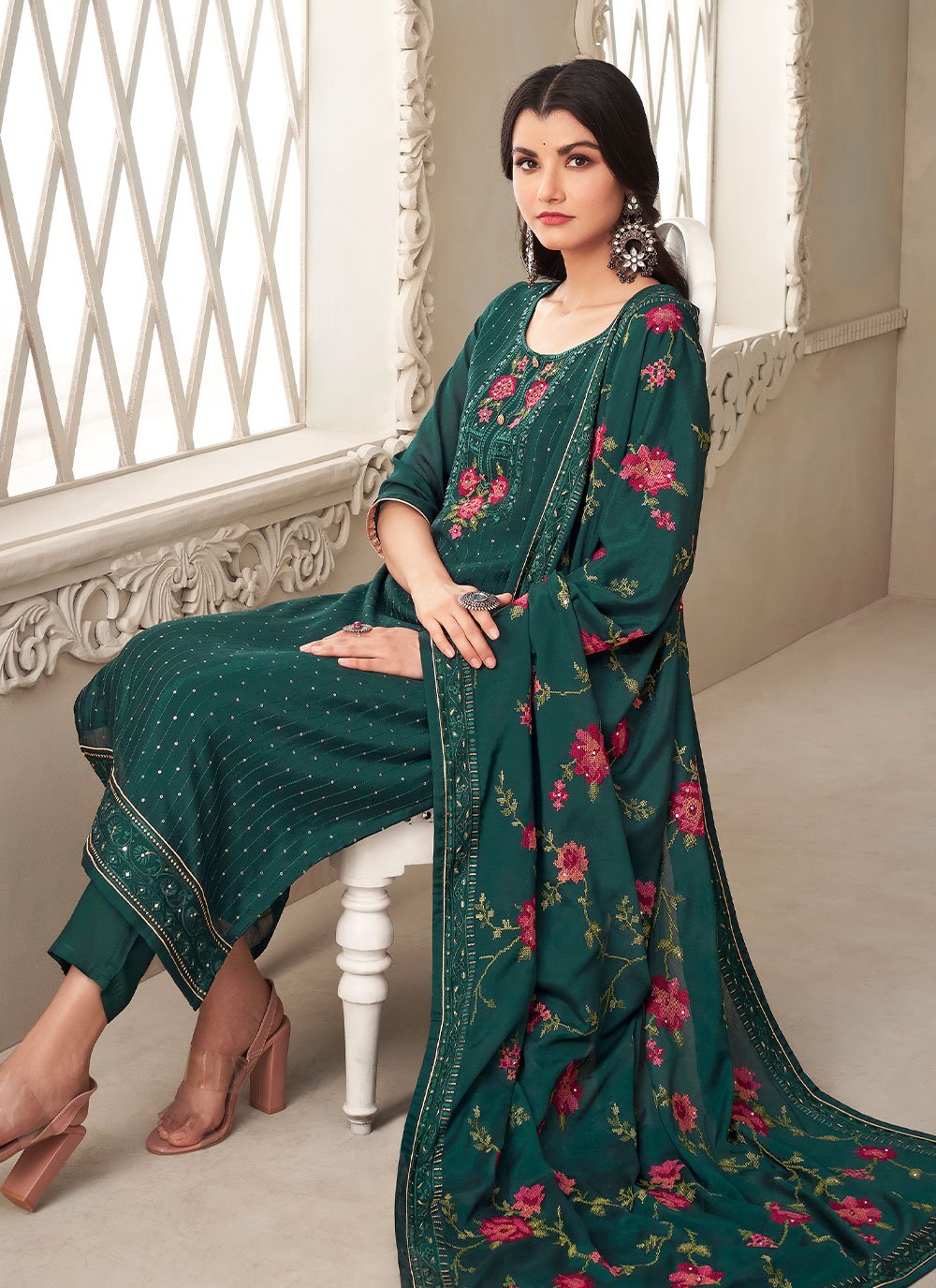 Salwar Suit Chinon Tissue Brasso Green Sequins Salwar Kameez