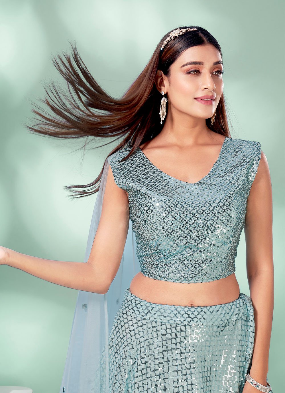 Lehenga Choli Imported Aqua Blue Embroidered Lehenga Choli