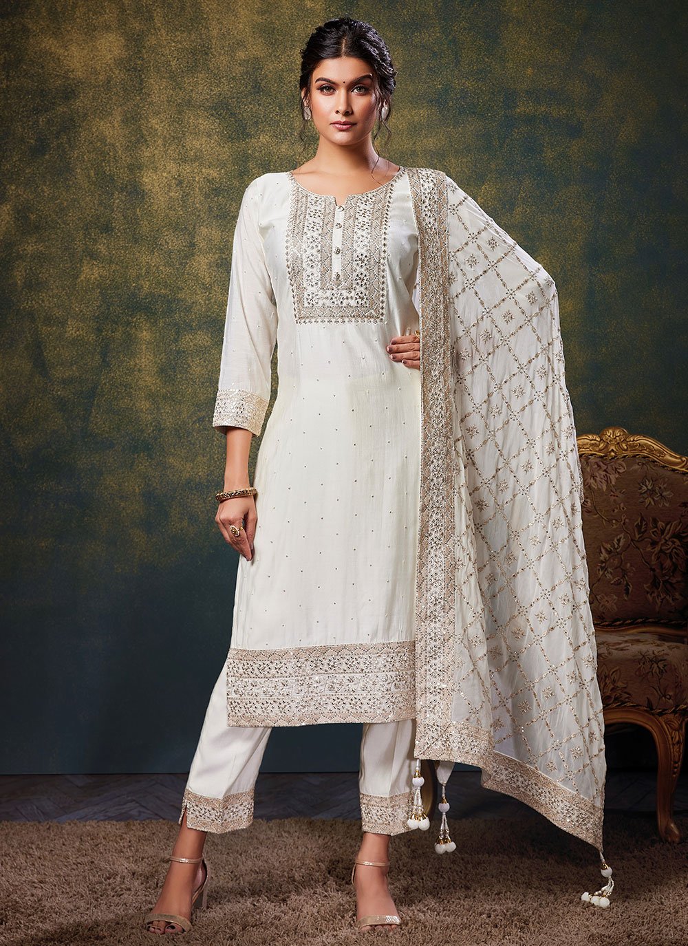Pant Style Suit Silk Off White Embroidered Salwar Kameez