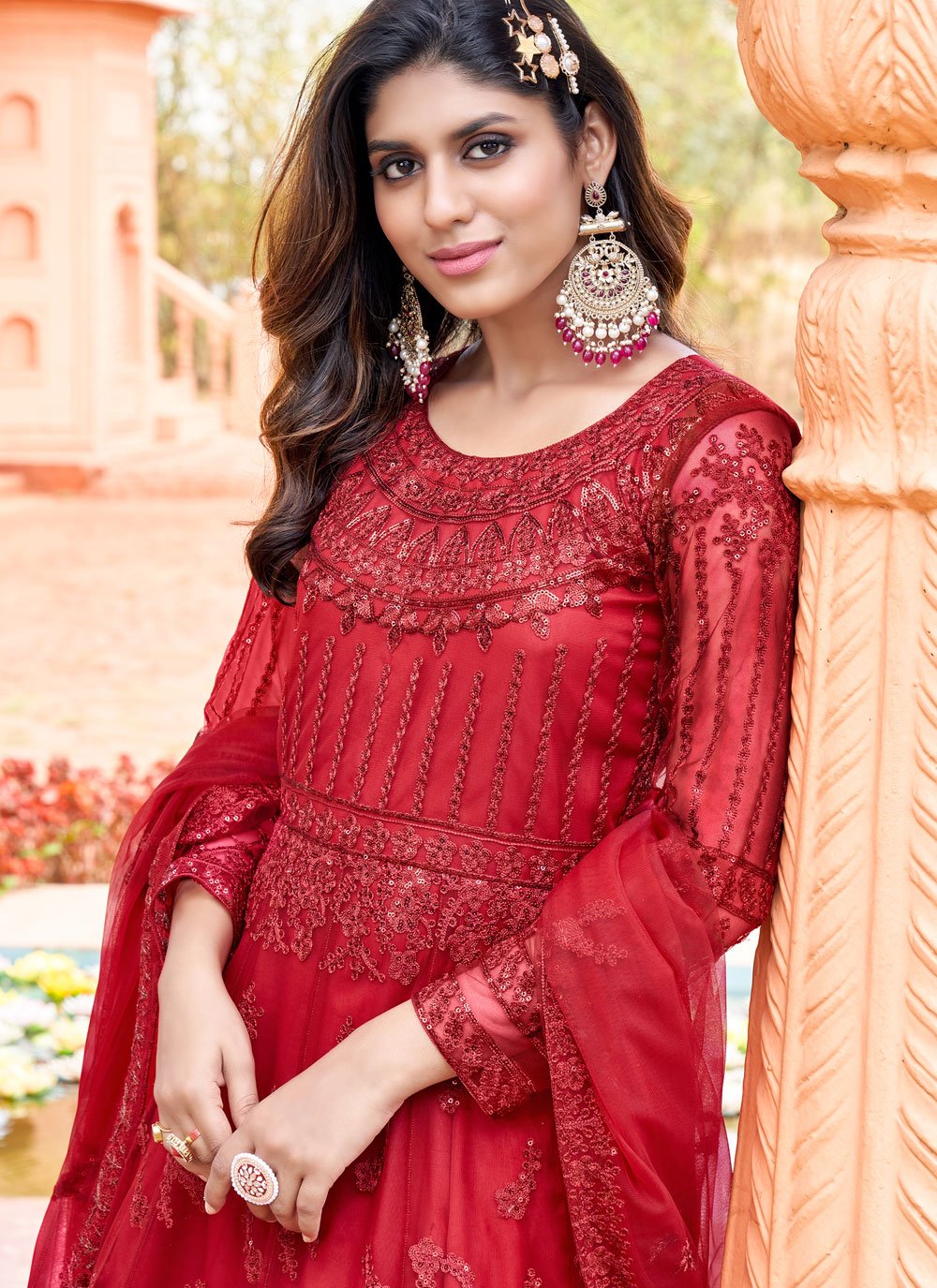 Anarkali Suit Net Red Embroidered Salwar Kameez