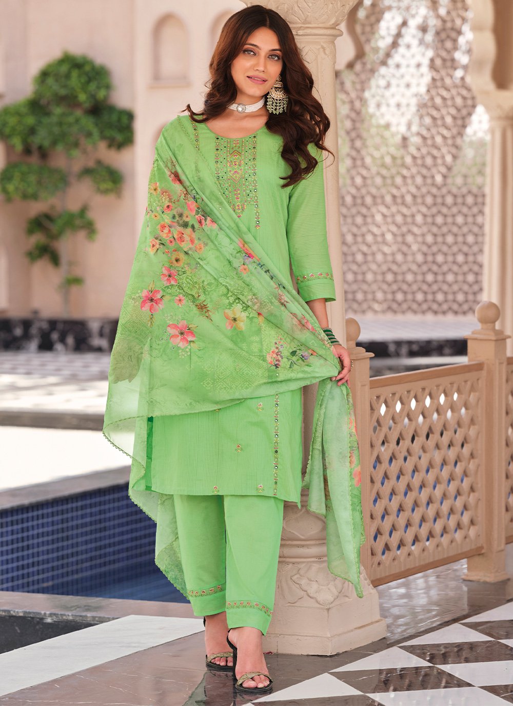Straight Salwar Suit Cotton Green Embroidered Salwar Kameez