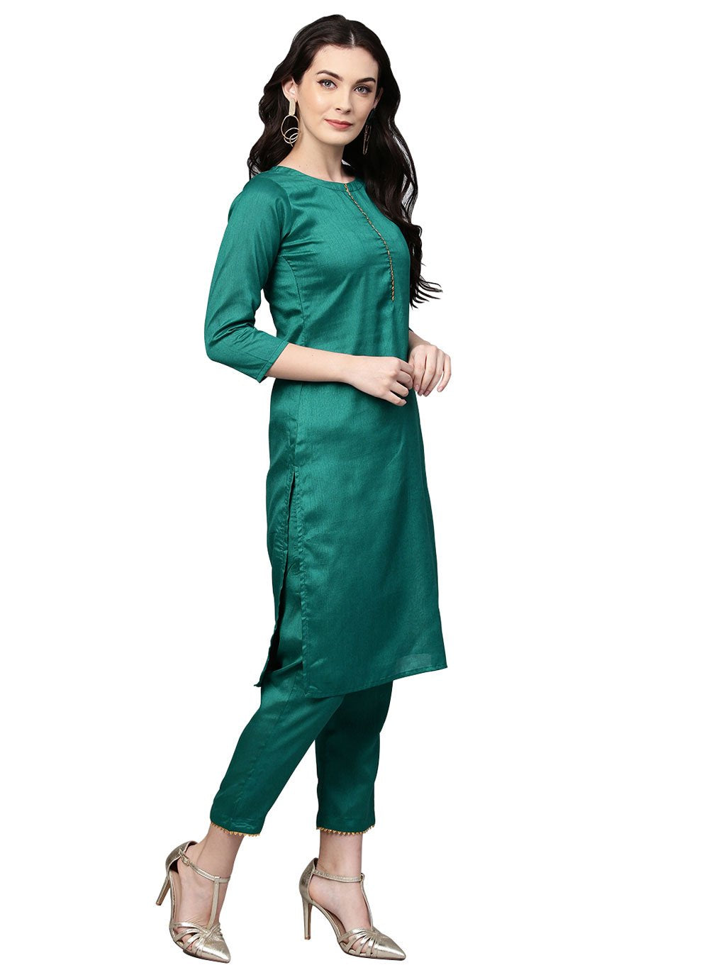 Straight Salwar Suit Poly Silk Green Plain Salwar Kameez
