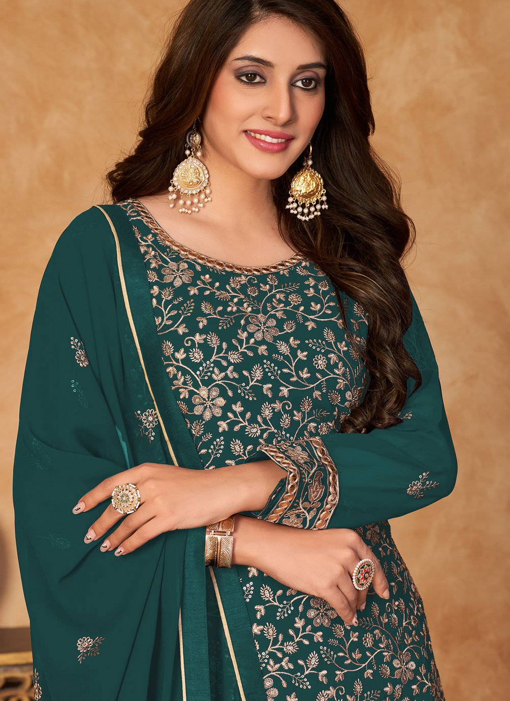 Straight Salwar Suit Faux Georgette Rama Embroidered Salwar Kameez