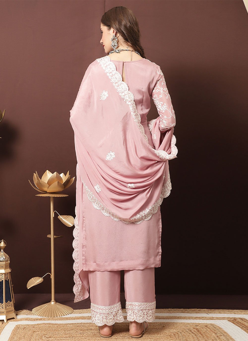 Straight Salwar Suit Chiffon Chinon Pink Crystals Salwar Kameez