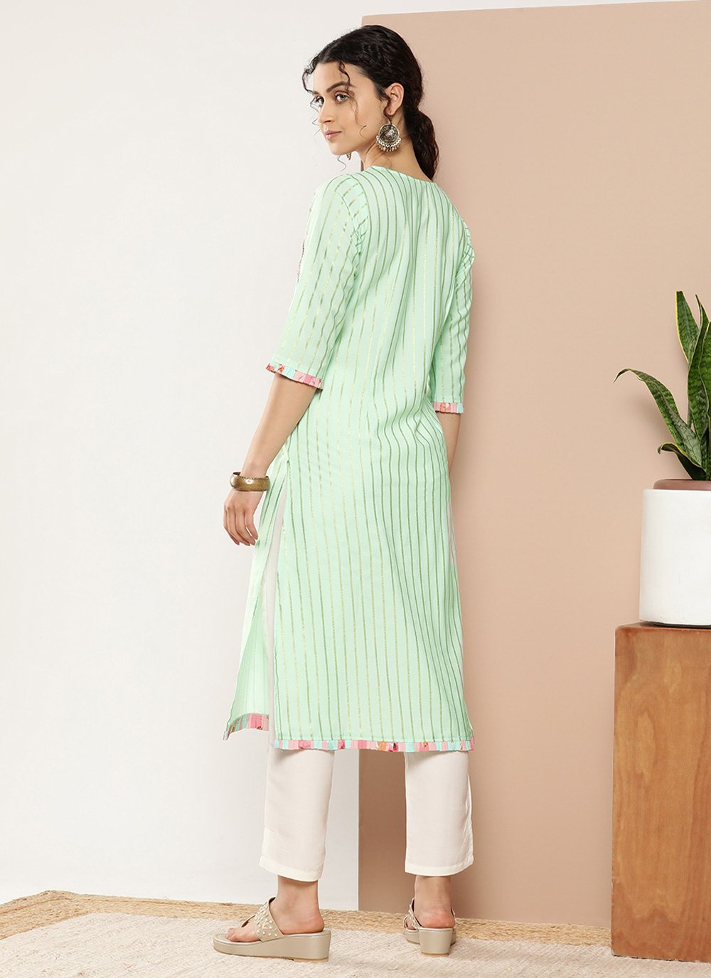 Casual Kurti Crepe Silk Sea Green Strips Print Kurtis