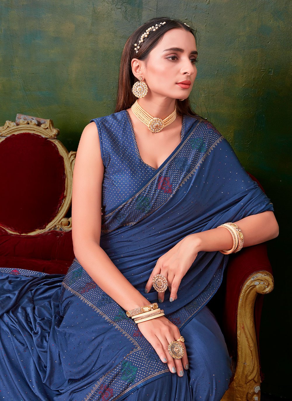 Contemporary Imported Blue Swarovski Saree
