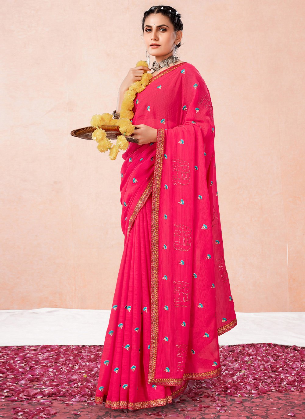 Classic Georgette Pink Embroidered Saree