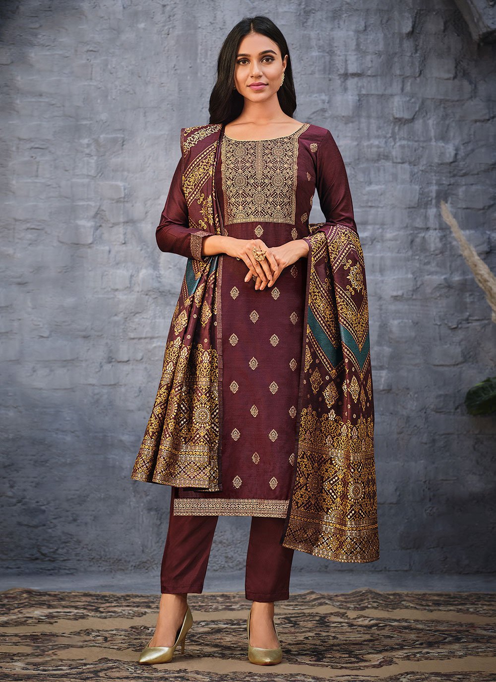Pant Style Suit Jacquard Silk Wine Swarovski Salwar Kameez