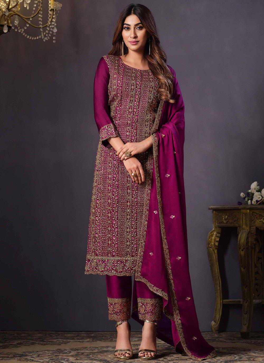 Salwar Suit Georgette Magenta Embroidered Salwar Kameez