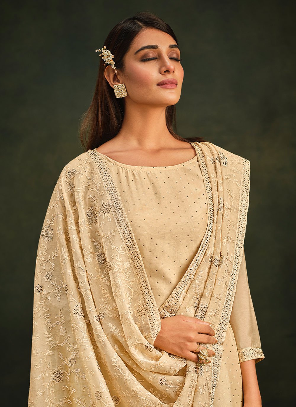 Salwar Suit Organza Beige Embroidered Salwar Kameez