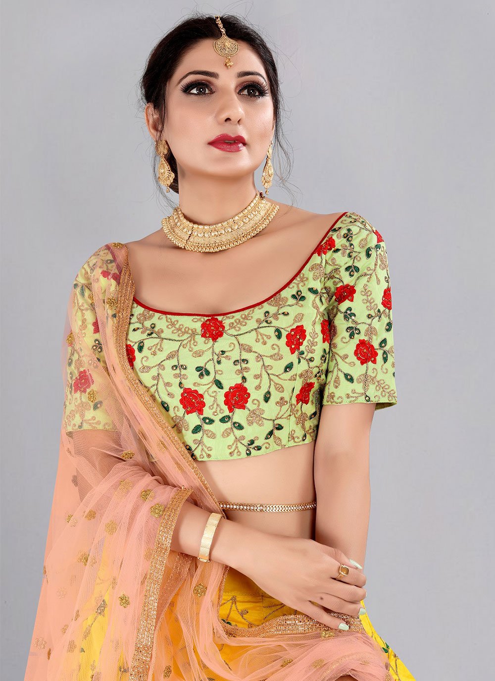 Lehenga Choli Tafeta Silk Yellow Embroidered Lehenga Choli