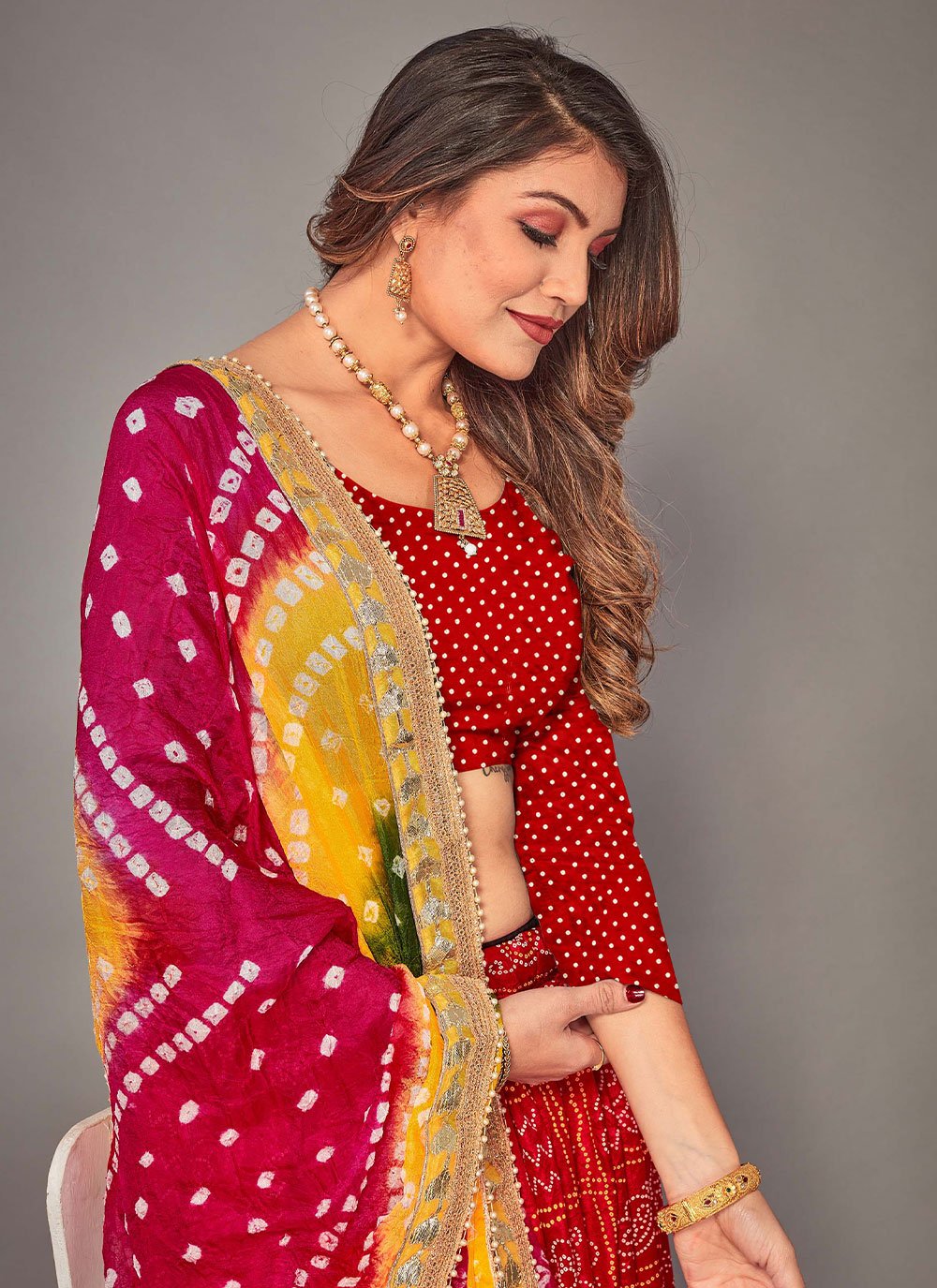 Lehenga Choli Tafeta Silk Red Bandhej Lehenga Choli