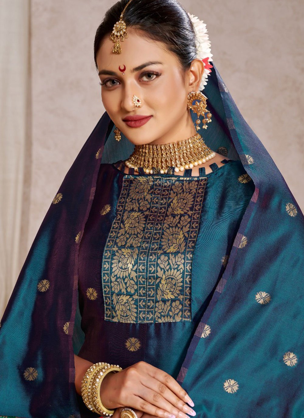 Salwar Suit Tafeta Silk Teal Jacquard Work Salwar Kameez