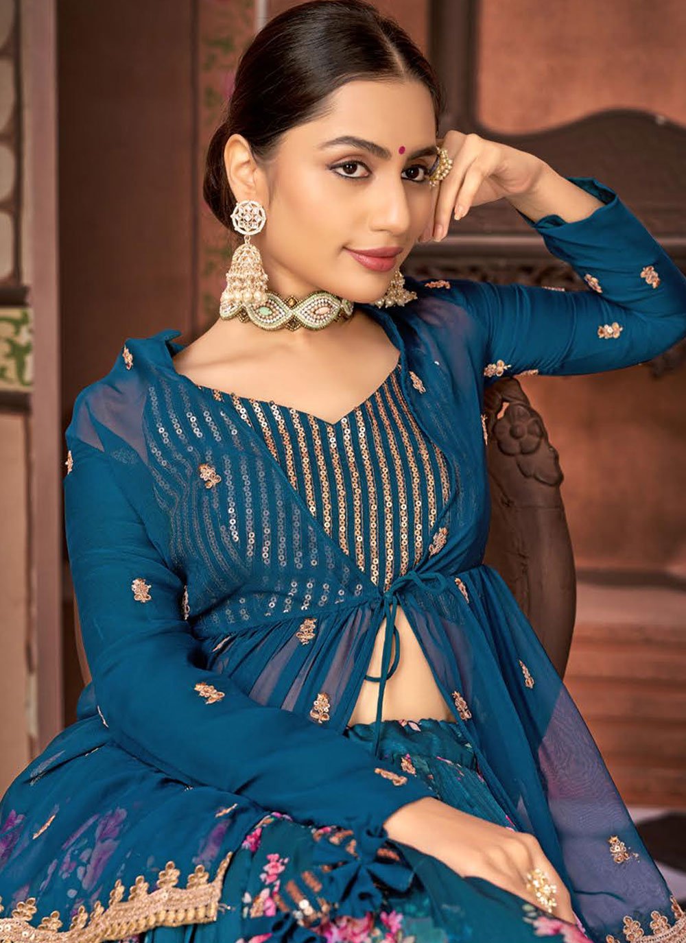 Readymade Lehenga Choli Chinon Teal Embroidered Lehenga Choli