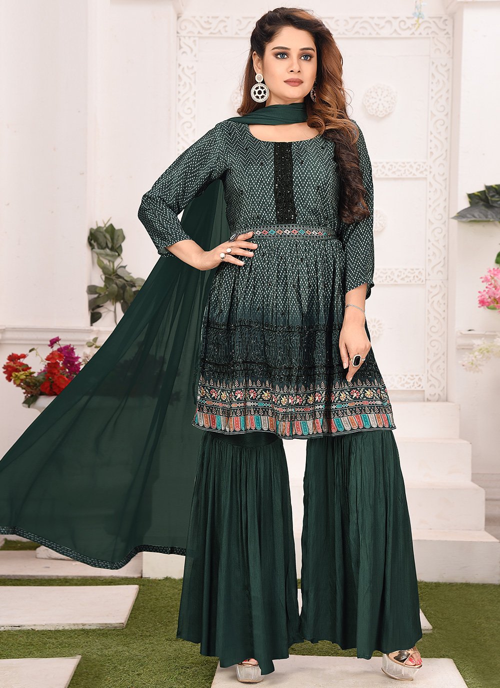 Salwar Suit Chinon Teal Embroidered Salwar Kameez
