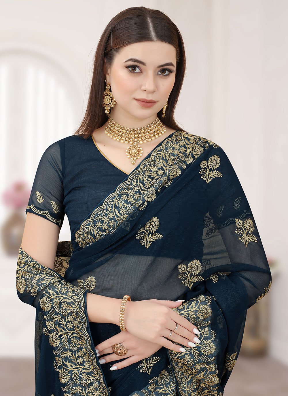 Designer Silk Teal Embroidered Saree