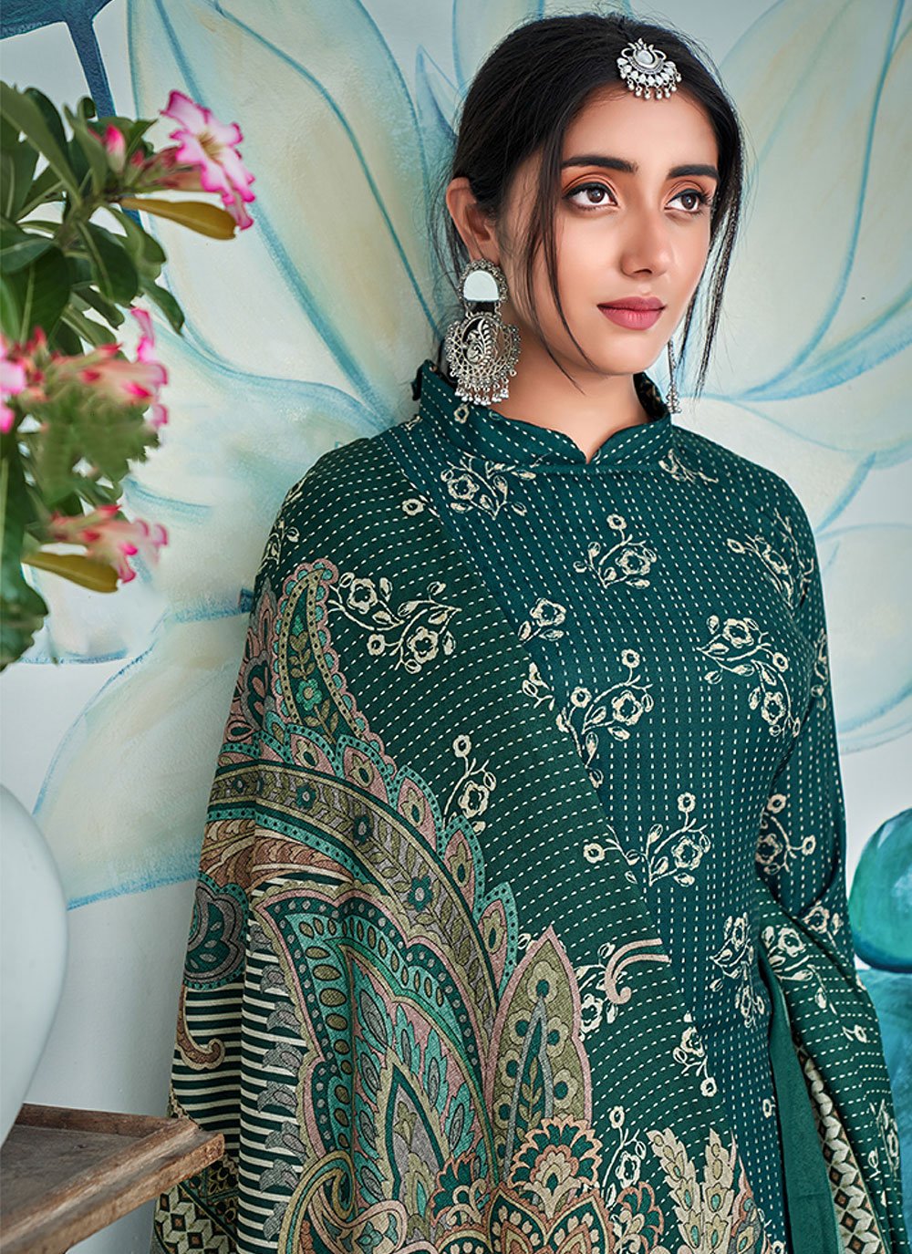 Palazzo Salwar Suit Pashmina Teal Digital Print Salwar Kameez