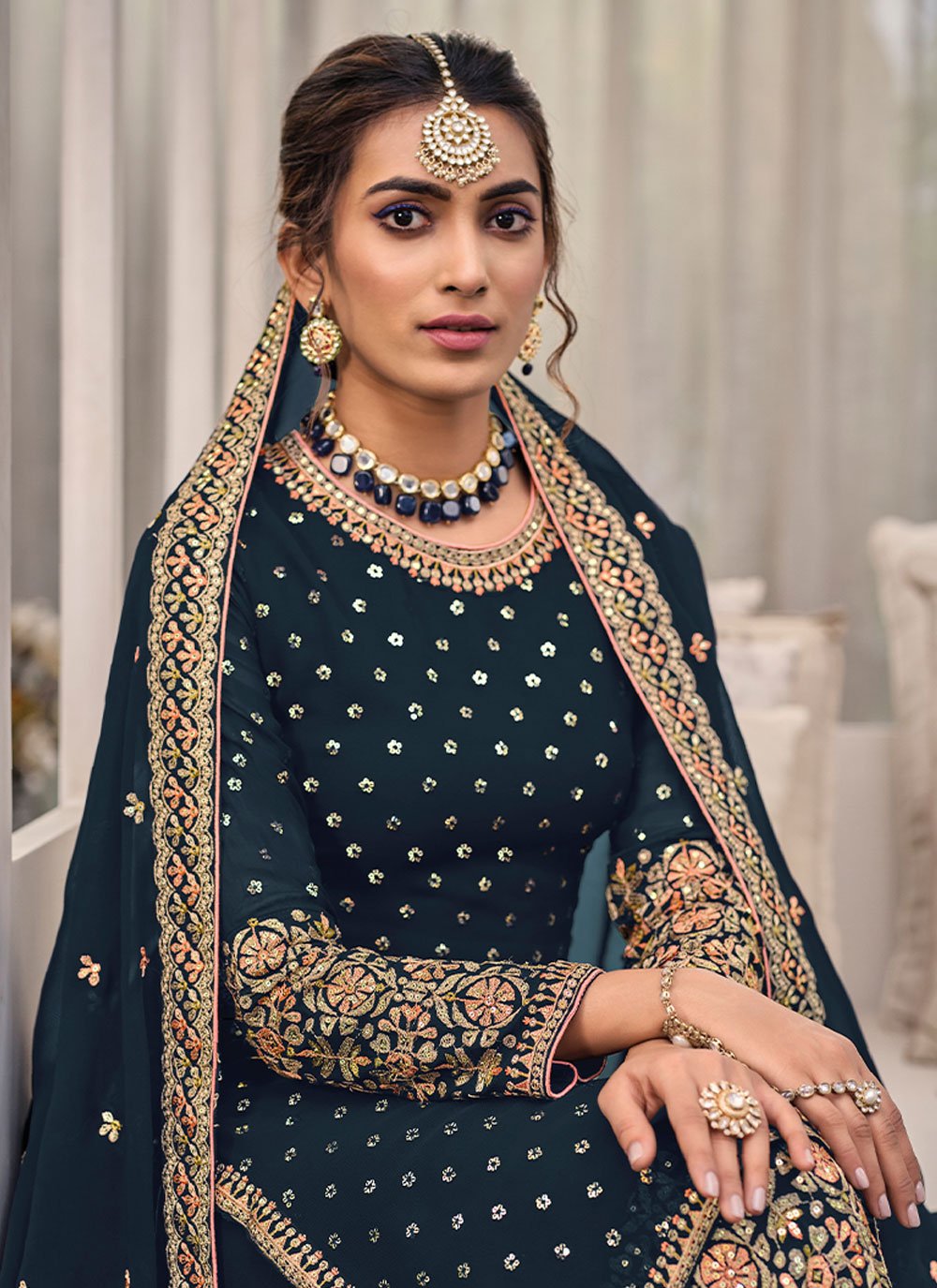 Salwar Suit Georgette Teal Embroidered Salwar Kameez