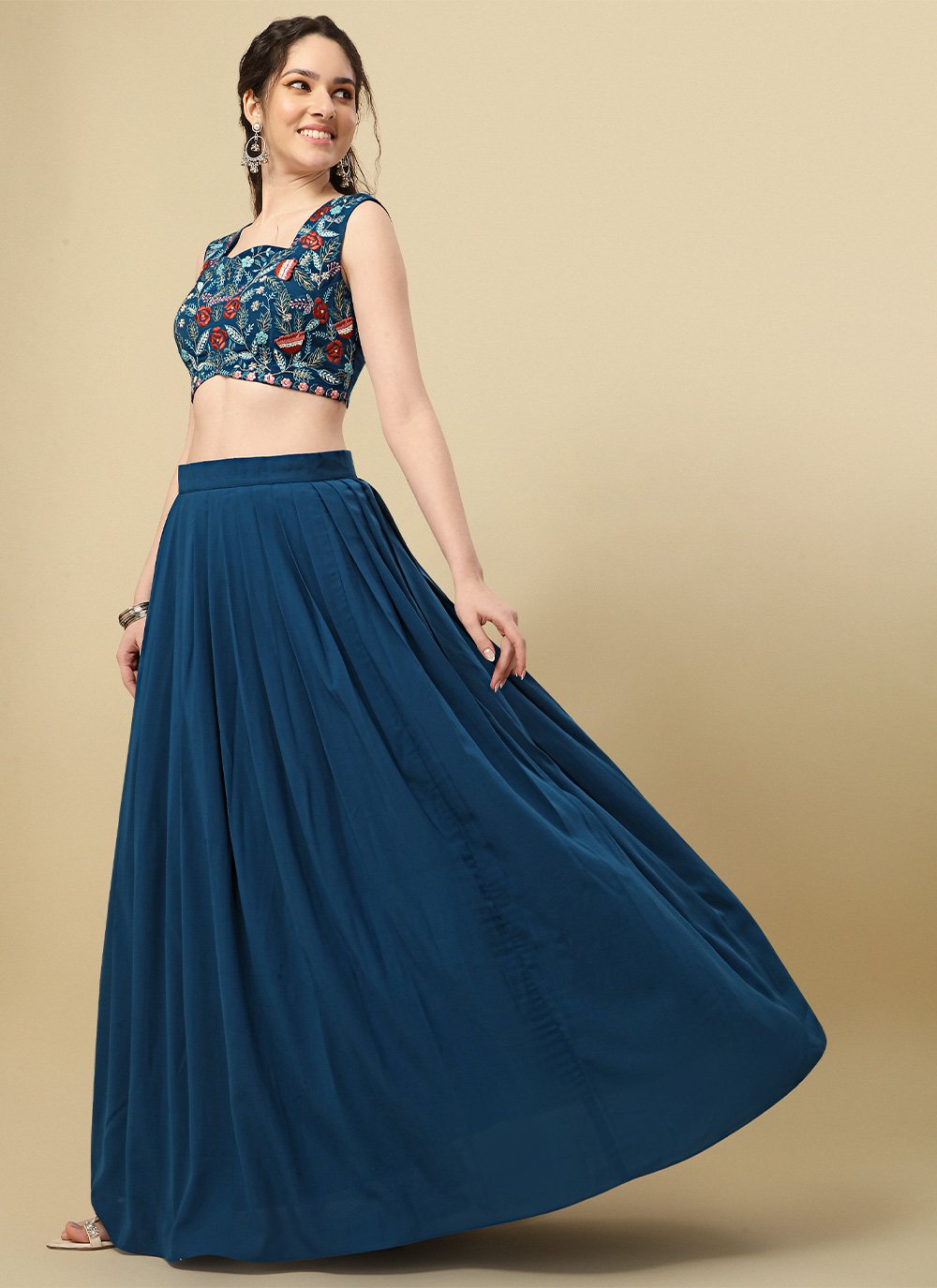 Readymade Lehenga Choli Chiffon Teal Embroidered Lehenga Choli